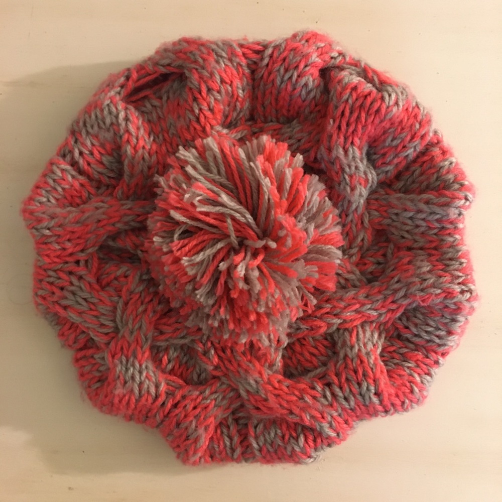 Pink and gray beanie with pompom
